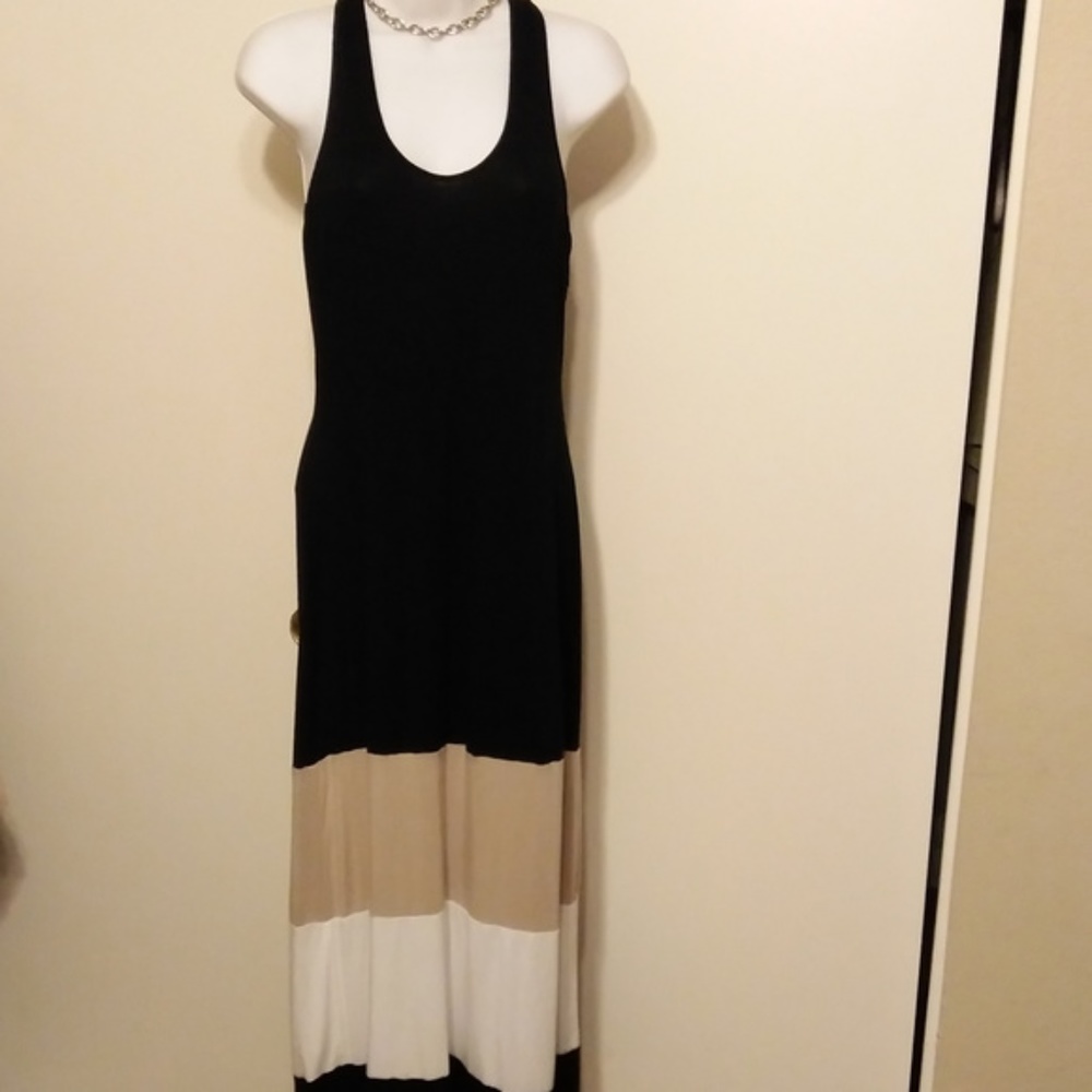 Tan, black and white maxi dress